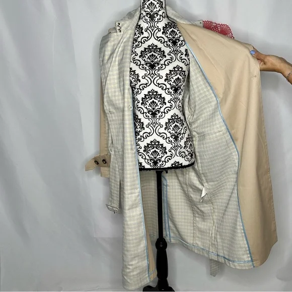 NWT Avec Les Filles Tan and Blue Plaid patchwork Trenchcoat Medium - Picture 8 of 16